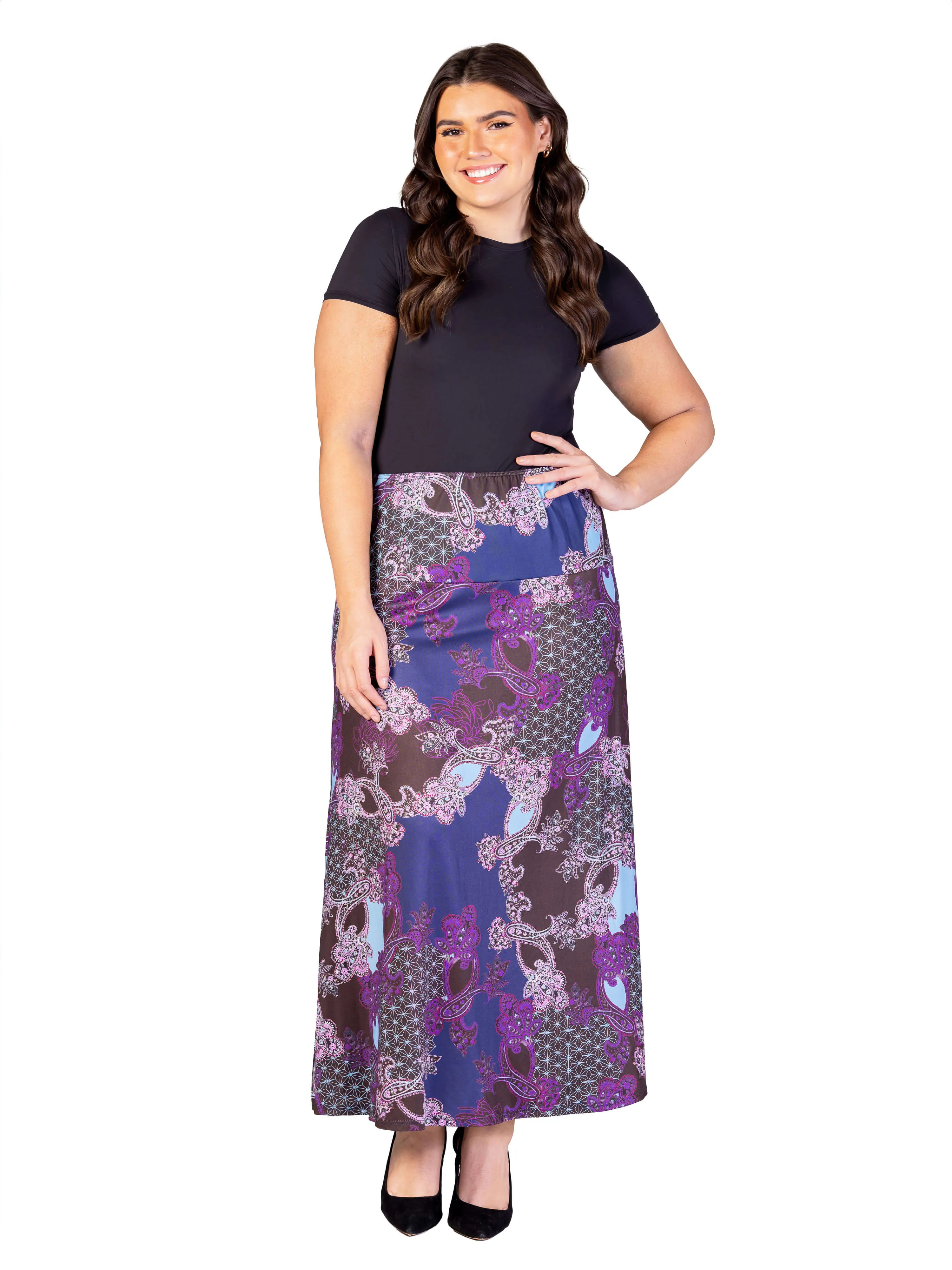 Plus Size Purple Paisley Print Elastic Waist A Line Maxi Skirt