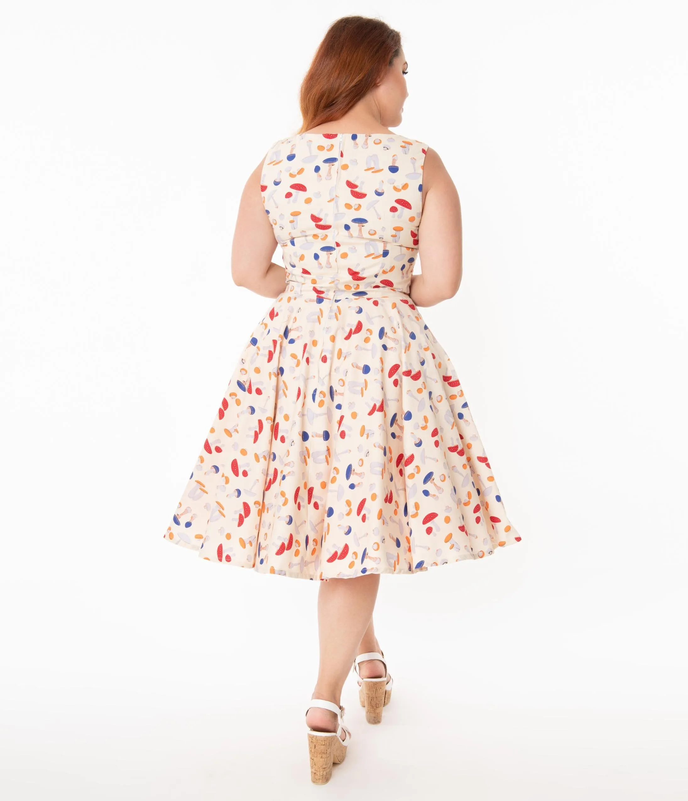 Plus Size Retro Style Cream & Mushroom Print Candice Swing Dress