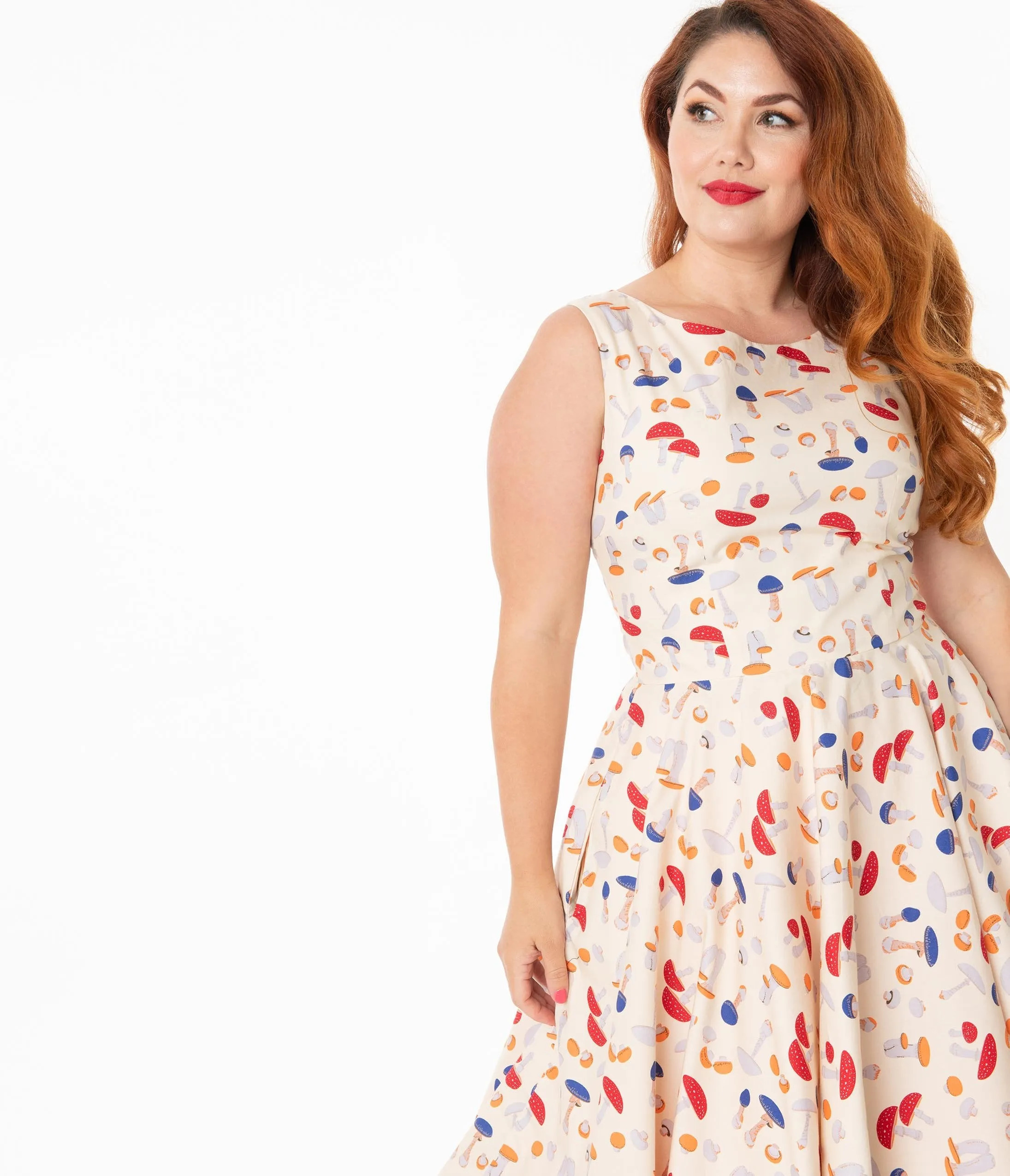 Plus Size Retro Style Cream & Mushroom Print Candice Swing Dress