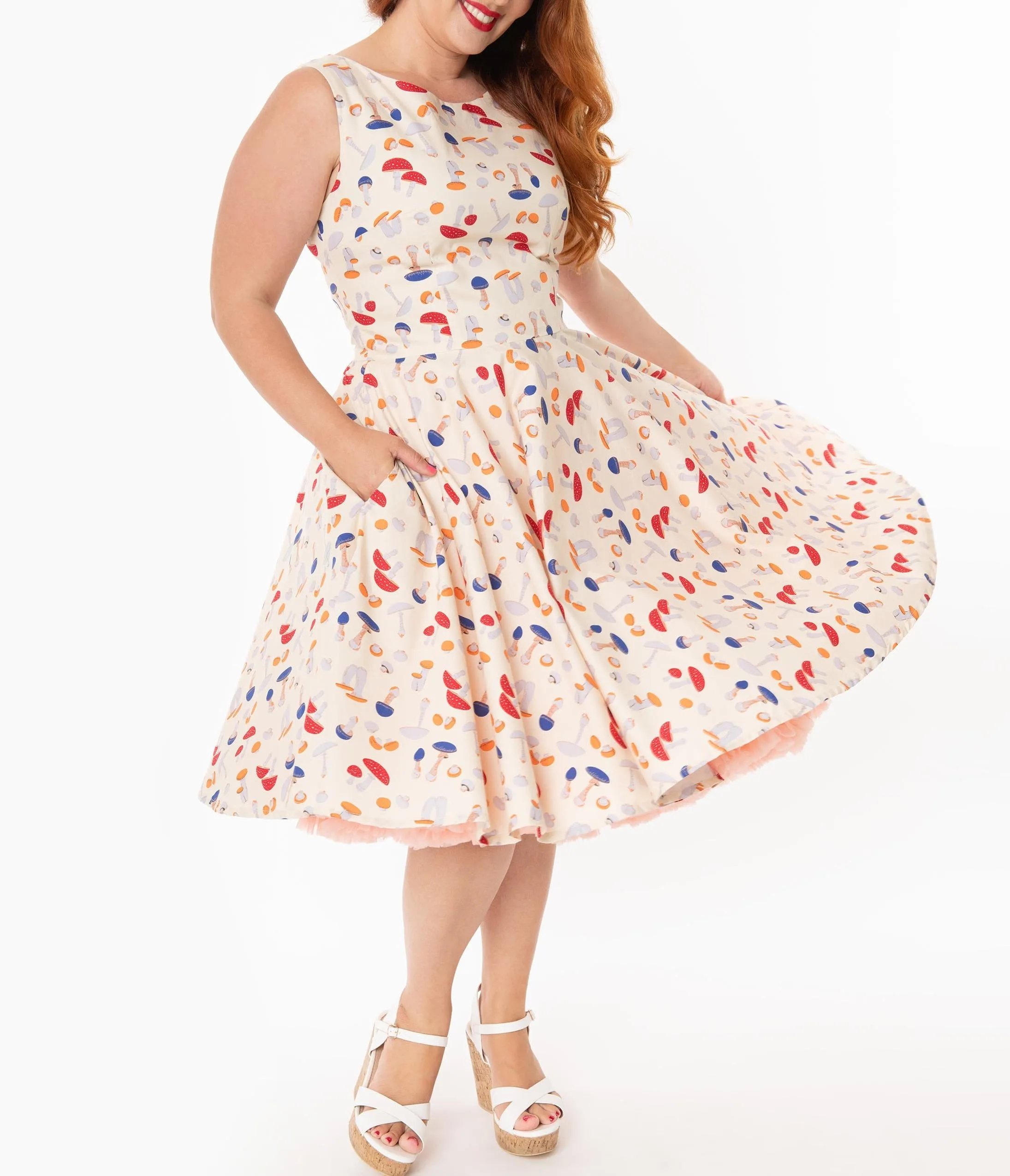 Plus Size Retro Style Cream & Mushroom Print Candice Swing Dress