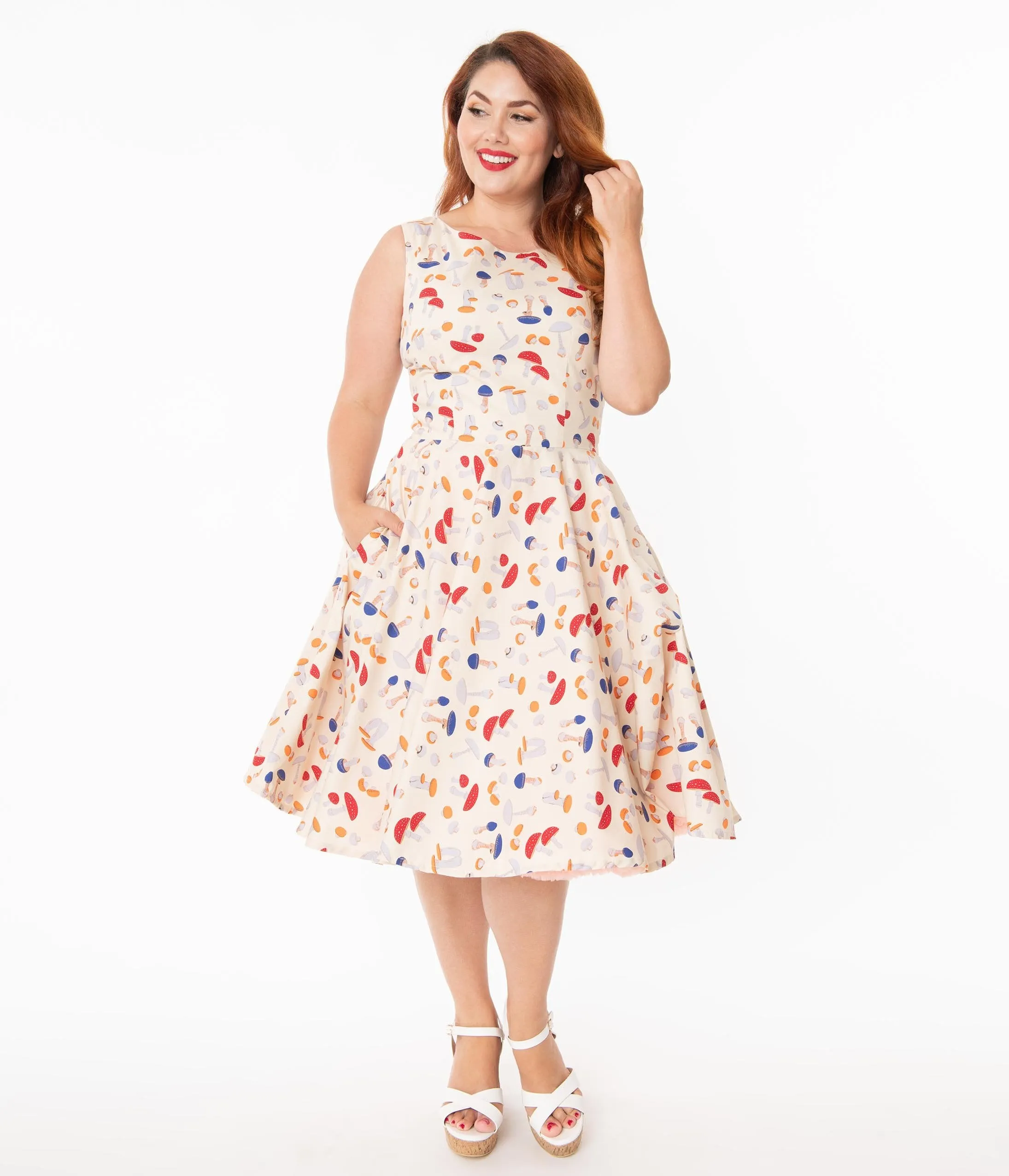 Plus Size Retro Style Cream & Mushroom Print Candice Swing Dress