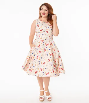 Plus Size Retro Style Cream & Mushroom Print Candice Swing Dress