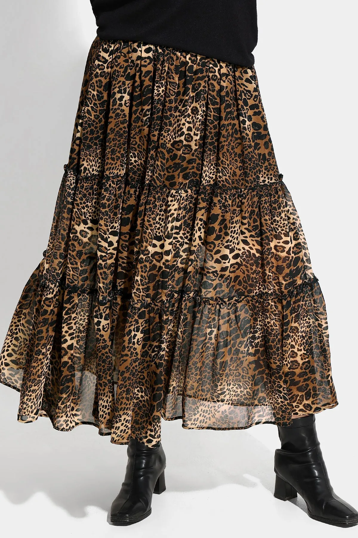 Pocket Leopard Mesh Flowy Shirred Mixi Skirt