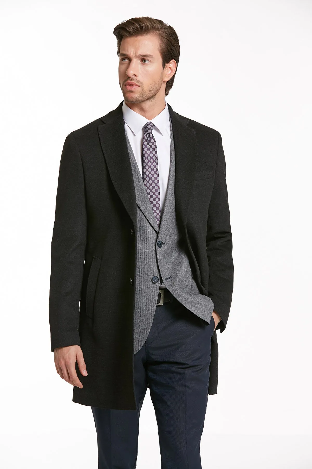 Regular Fit Cachet TBC Notch Lapel Khaki Overcoat, Charcoal