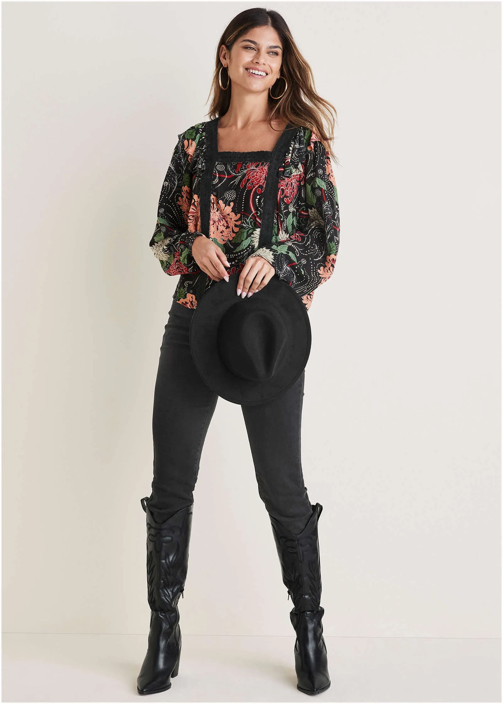 Ruffle Square Neck Blouse - Whimsical Mums