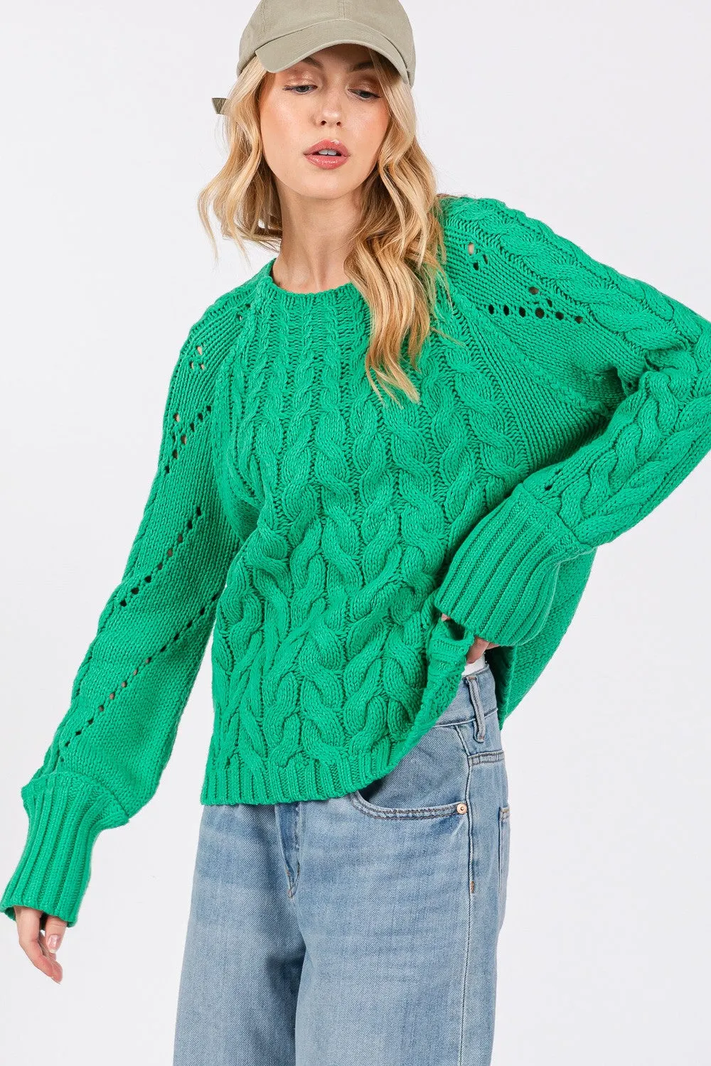 Sadie Emerald Cable-Knit Long Sleeve Sweater