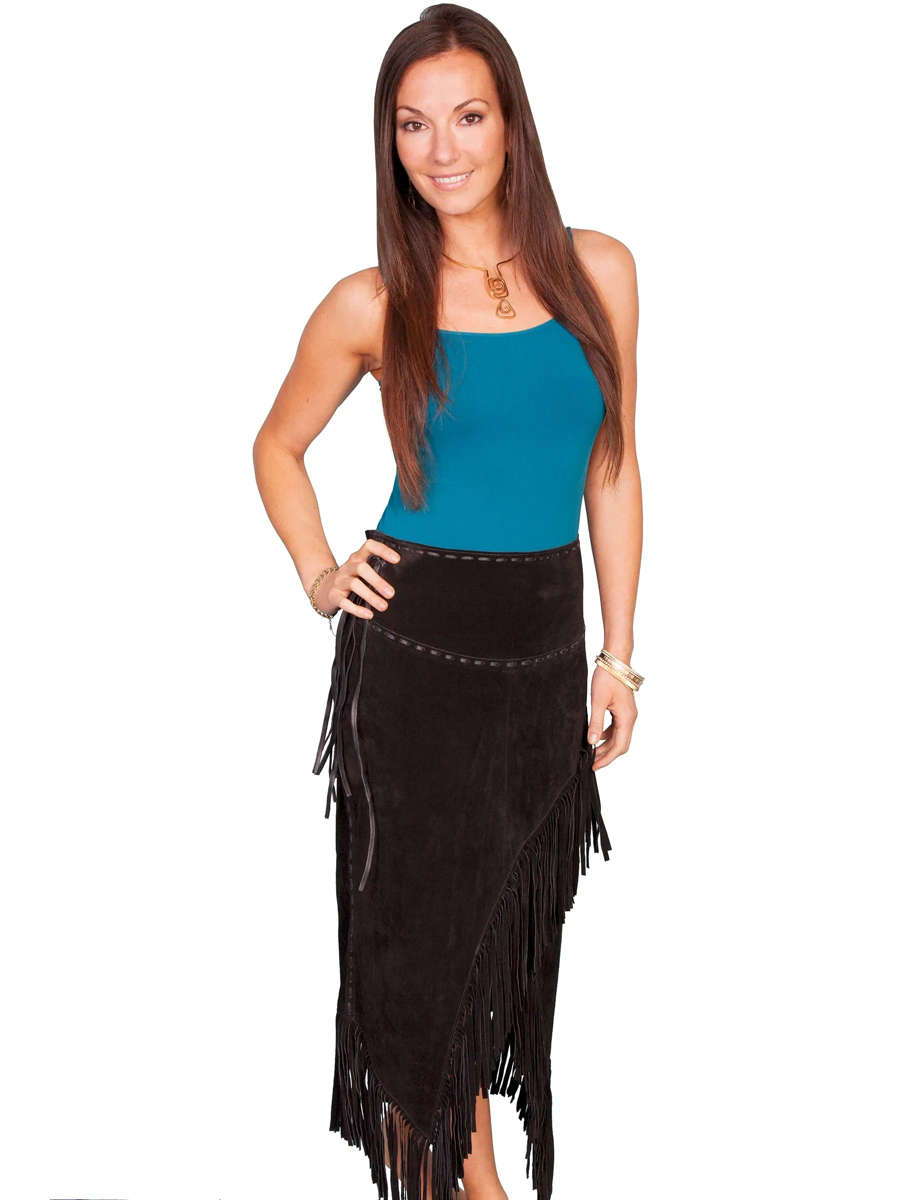 Scully Leather Womens Long Boar Suede Tie Side Fringe Skirt Black XL