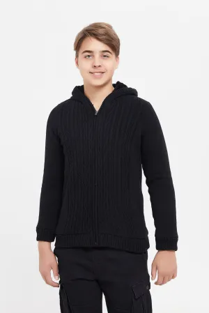 Senior Boys Black Cable Knit Cardigan