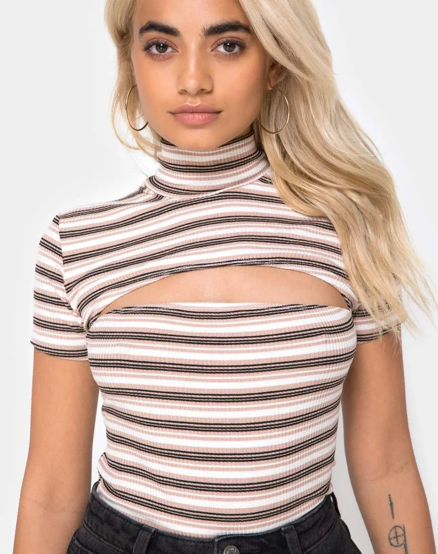 Shidi Cutout Bodice in Rib Stripe Cream Black and Tan