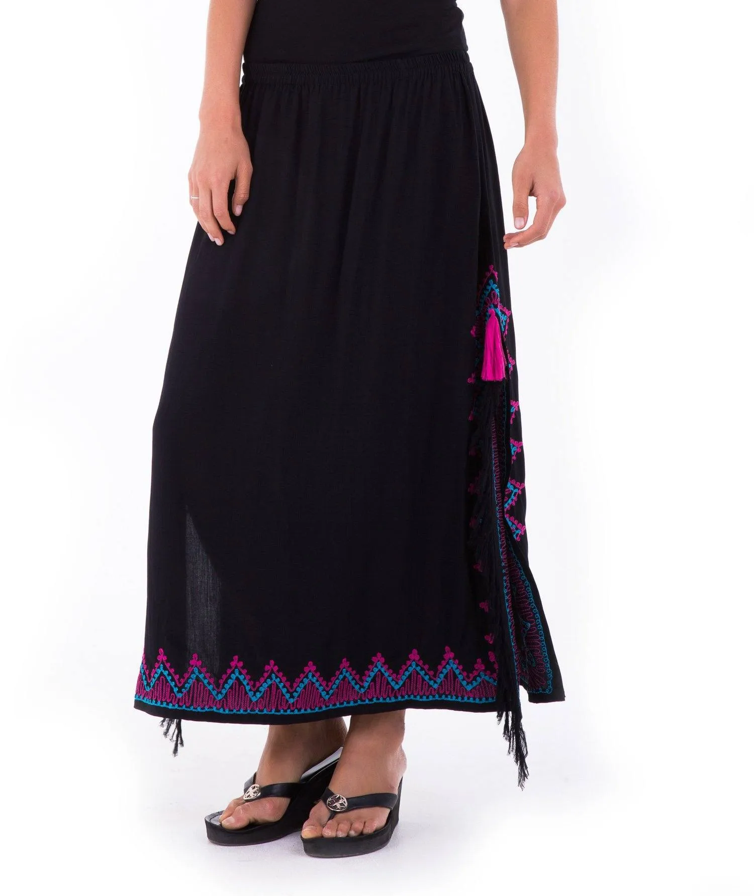 SHU-SHI Women's Long Boho Maxi Skirt with Embroidered Details and Side Slits