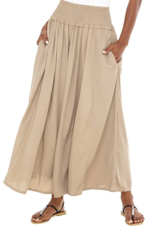 SHU-SHI Women's Palazzo Flowy Summer Pants - Wide Leg Lounge Trousers with Elastic Waist and Side Pockets - Tan