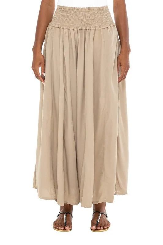 SHU-SHI Women's Palazzo Flowy Summer Pants - Wide Leg Lounge Trousers with Elastic Waist and Side Pockets - Tan