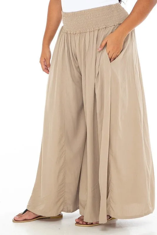 SHU-SHI Women's Palazzo Flowy Summer Pants - Wide Leg Lounge Trousers with Elastic Waist and Side Pockets - Tan