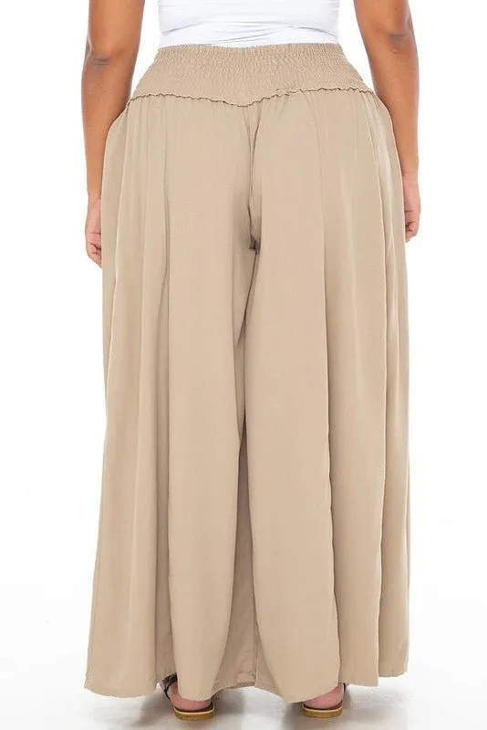 SHU-SHI Women's Palazzo Flowy Summer Pants - Wide Leg Lounge Trousers with Elastic Waist and Side Pockets - Tan