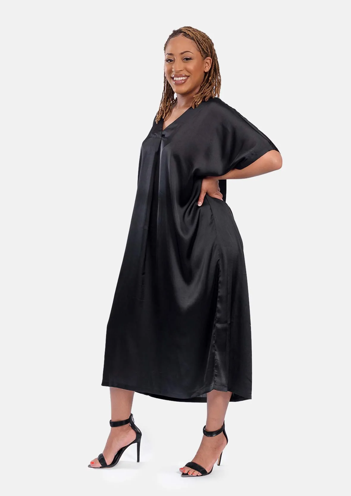 V-Neck Satin Midi Dress