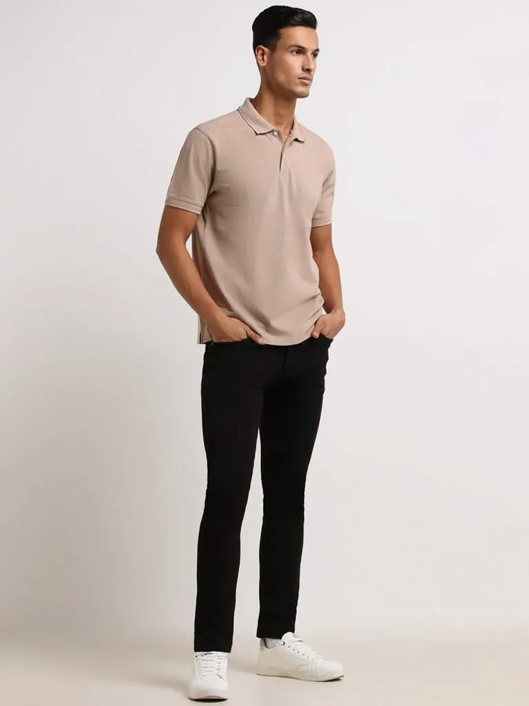 WES Casuals Beige Cotton Relaxed Fit Polo T-Shirt