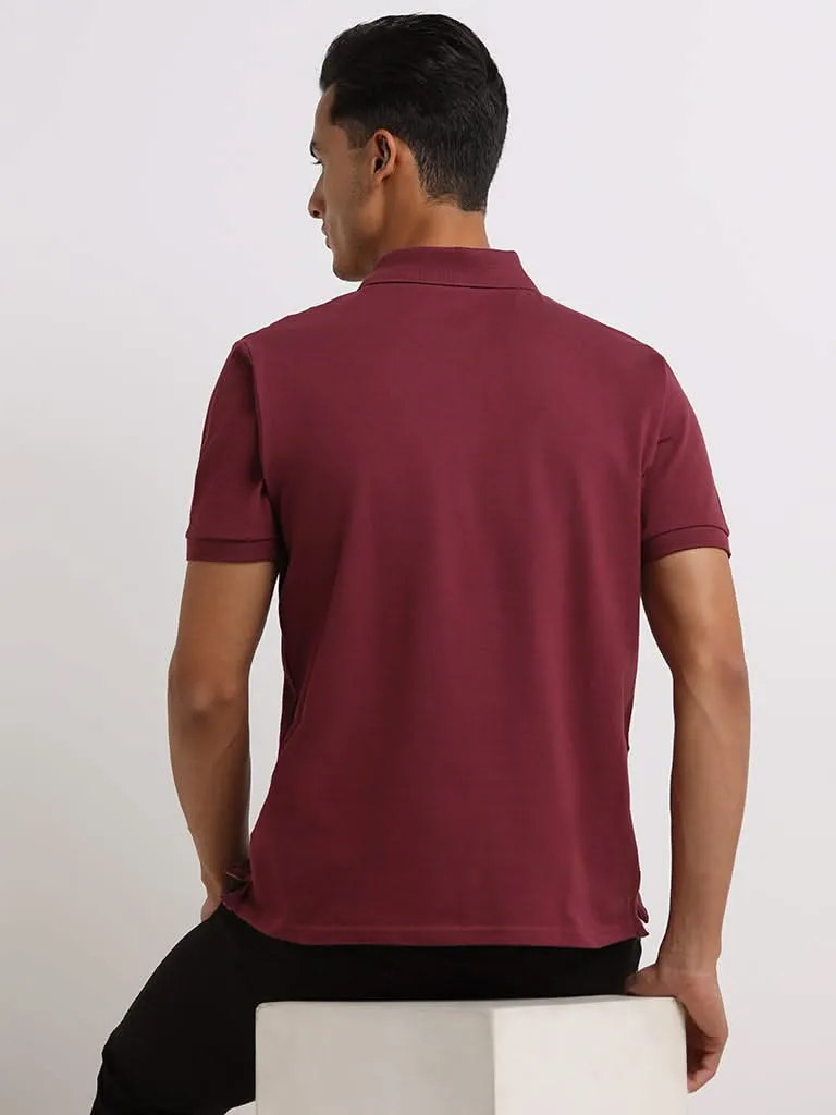 WES Casuals Burgundy Cotton Blend Relaxed Fit Polo T-Shirt