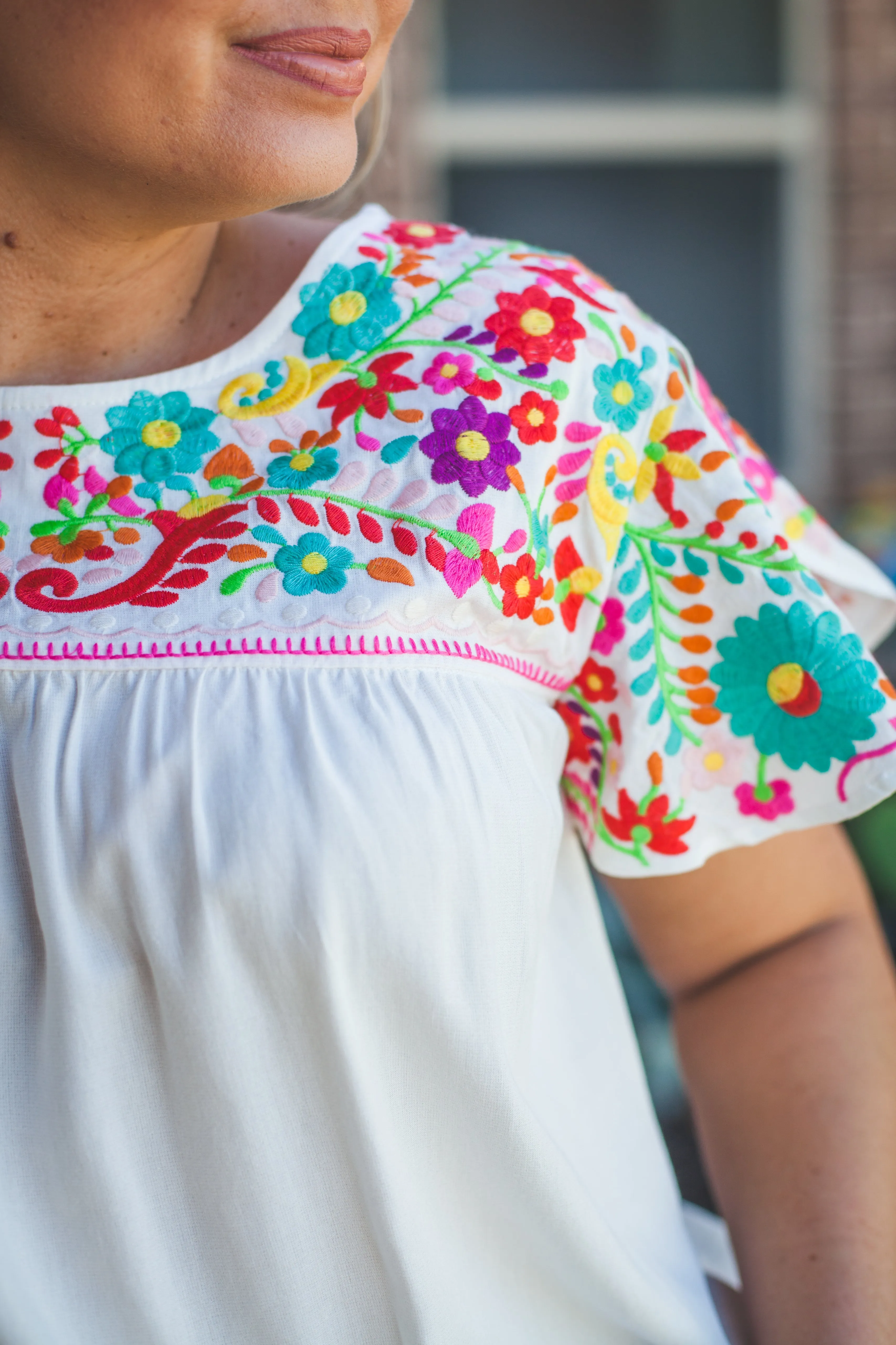 White Embroidered Flutter Sleeve Top