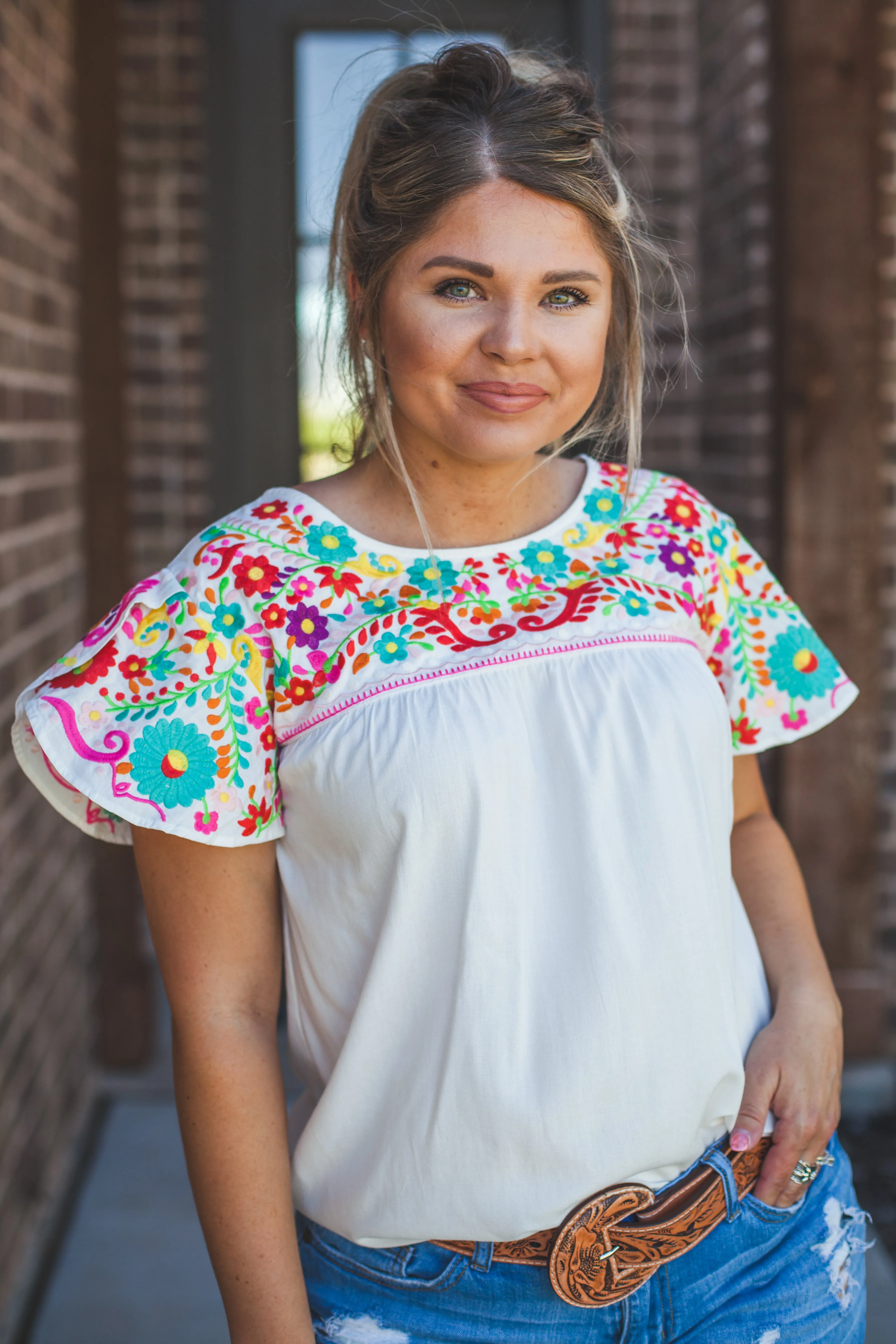 White Embroidered Flutter Sleeve Top