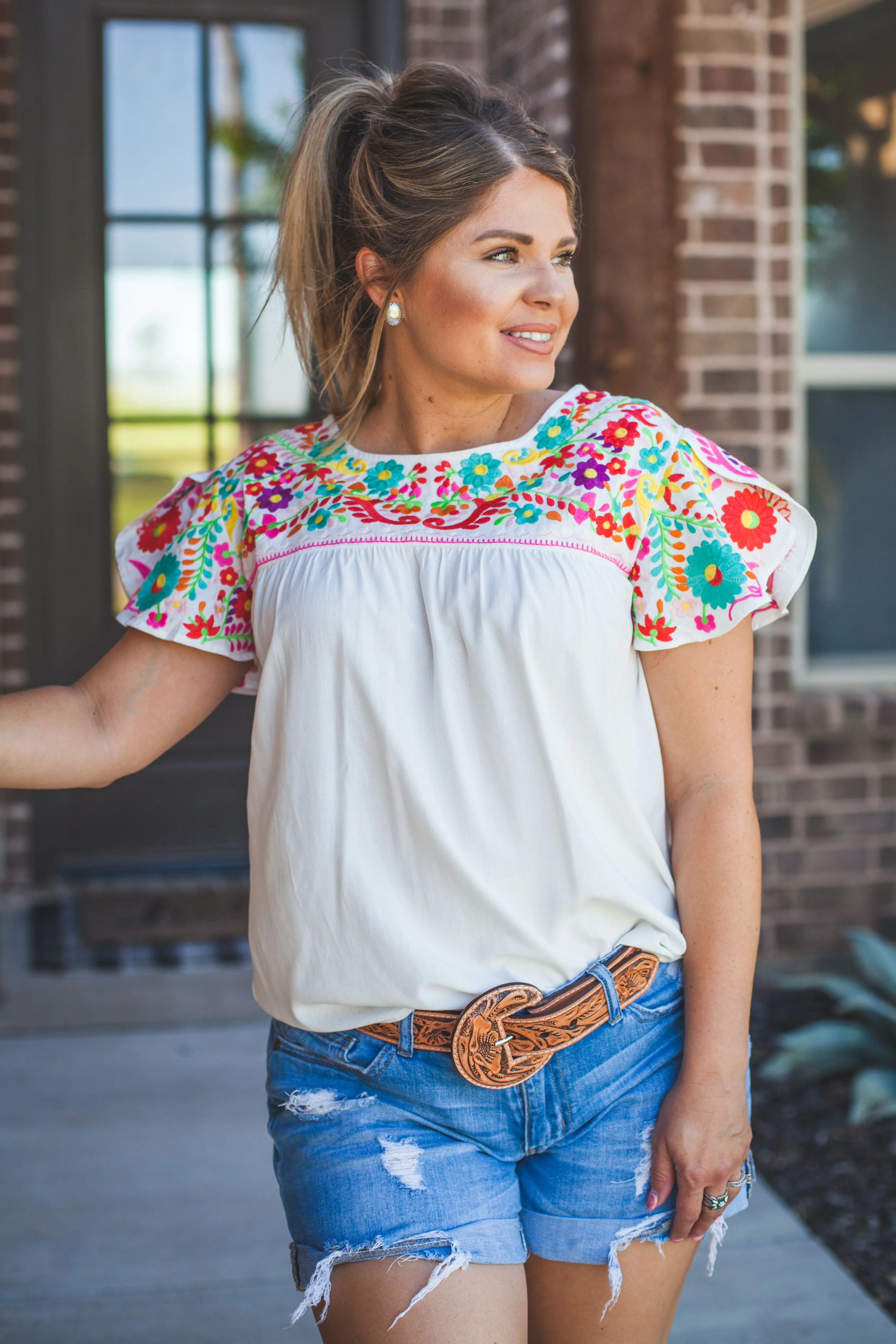 White Embroidered Flutter Sleeve Top