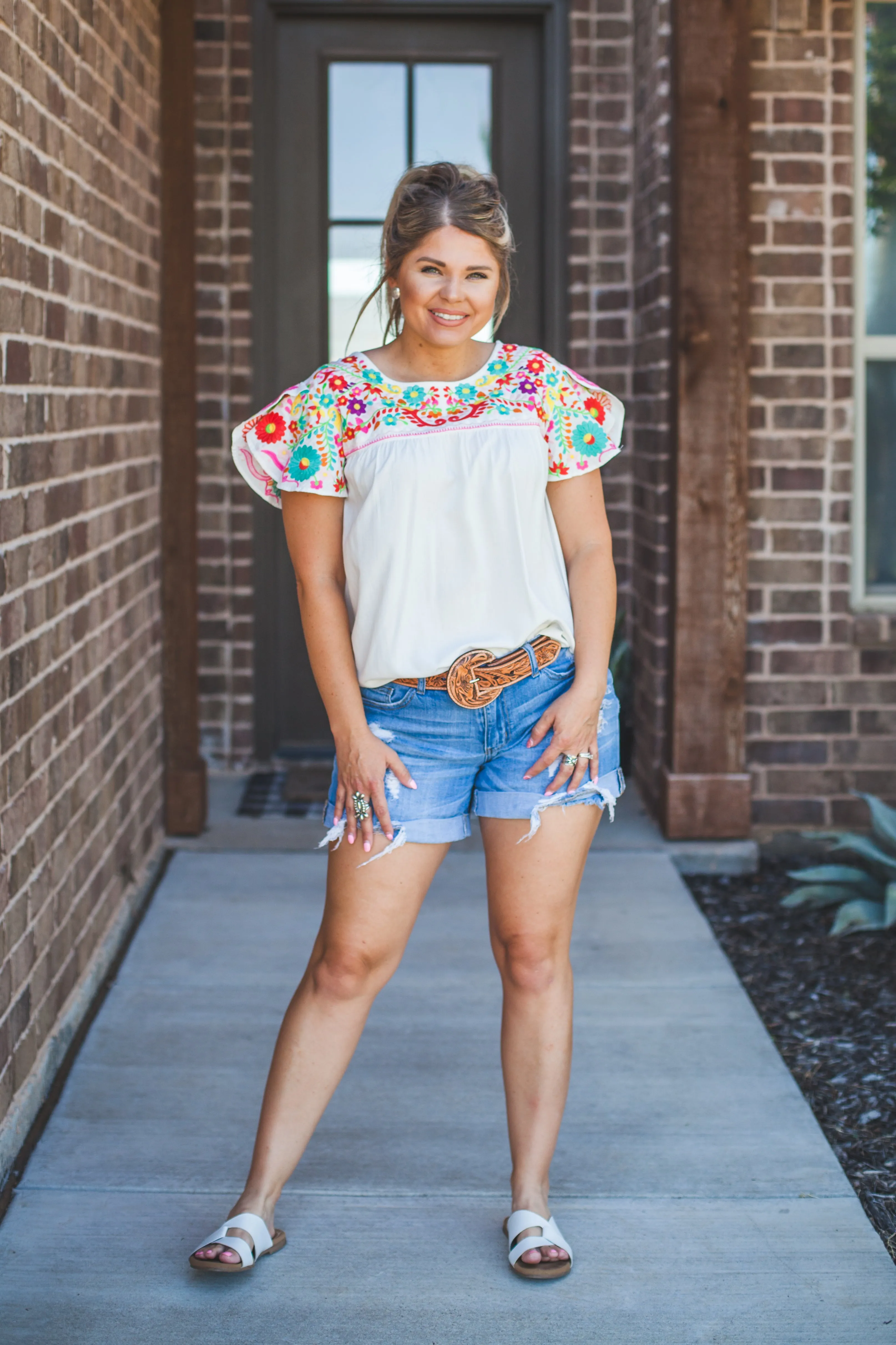 White Embroidered Flutter Sleeve Top