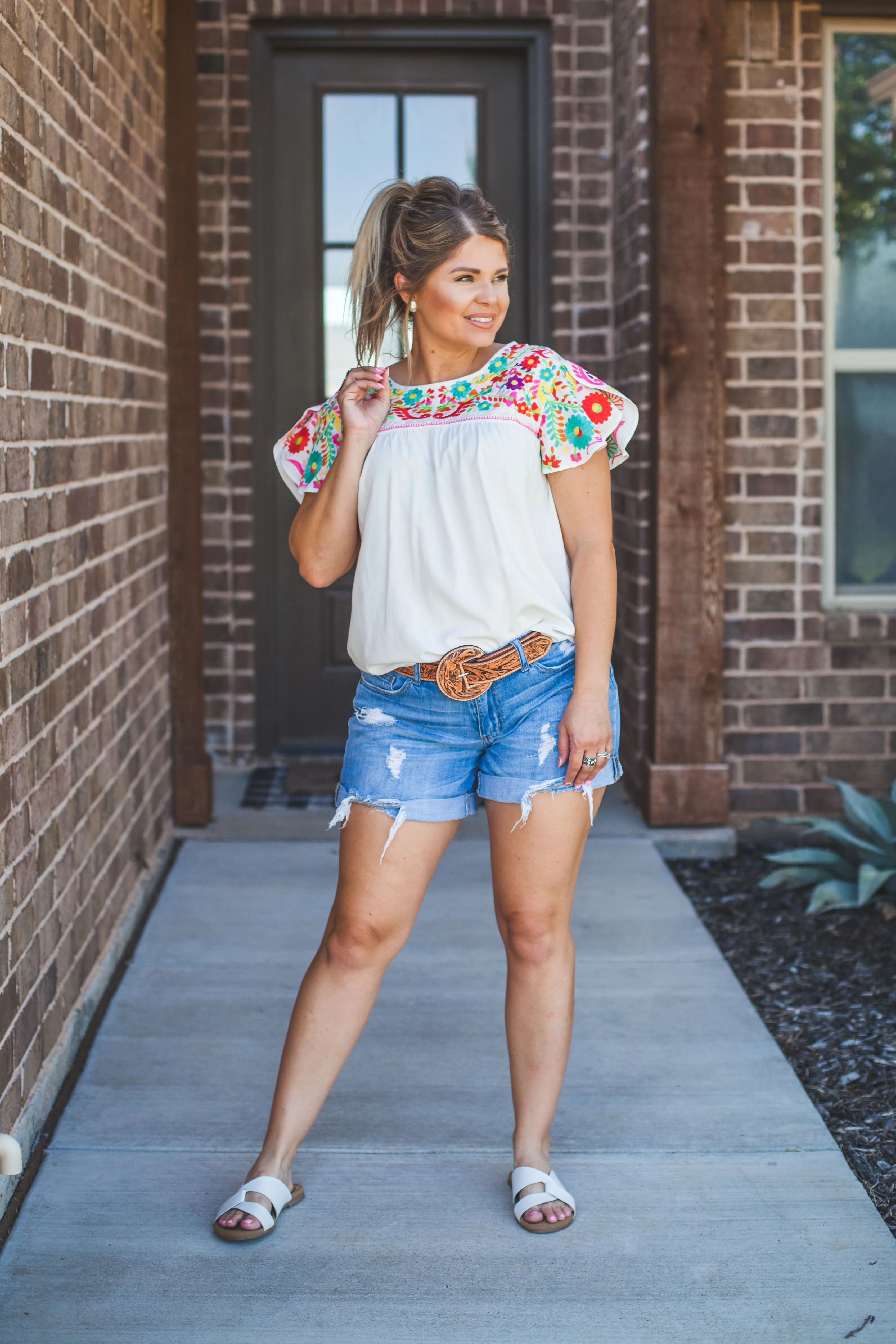 White Embroidered Flutter Sleeve Top