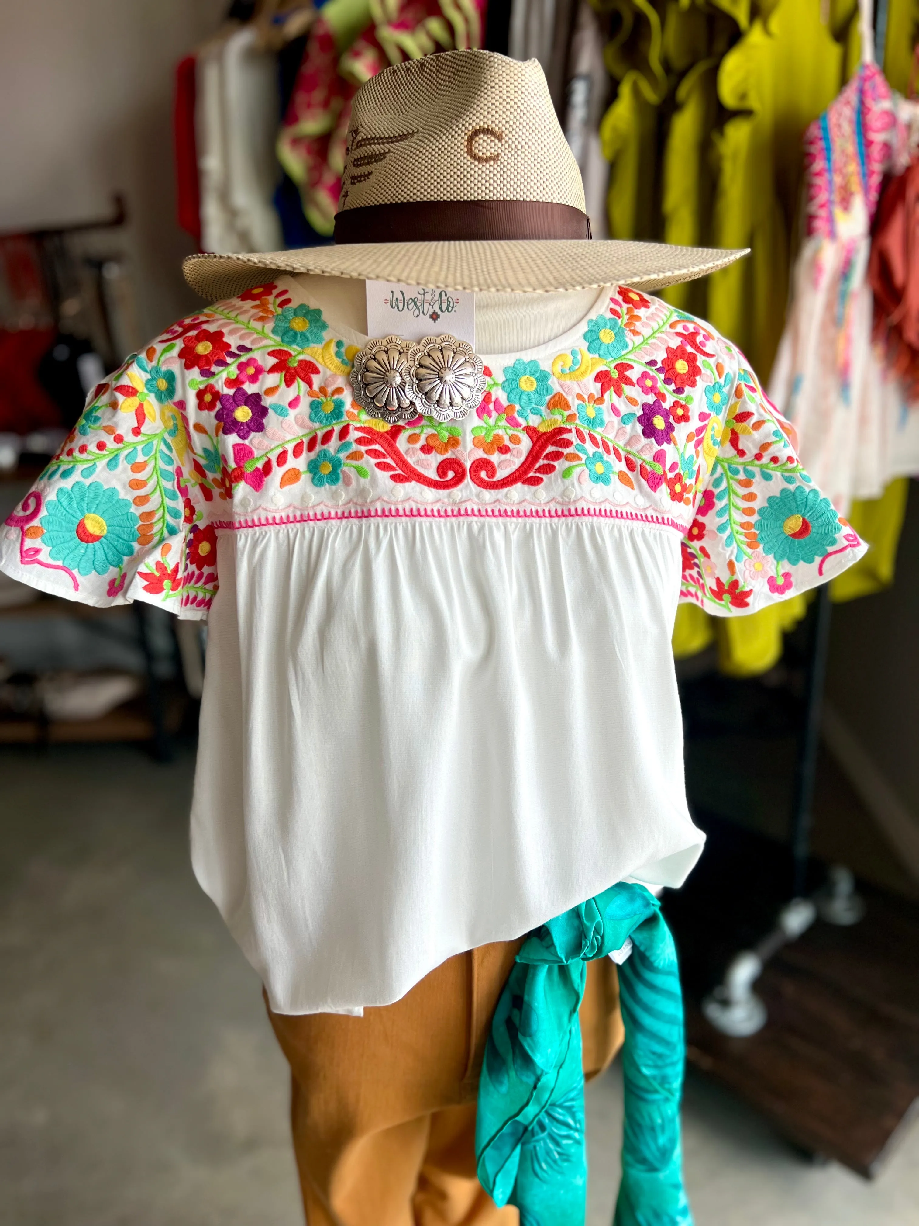 White Embroidered Flutter Sleeve Top