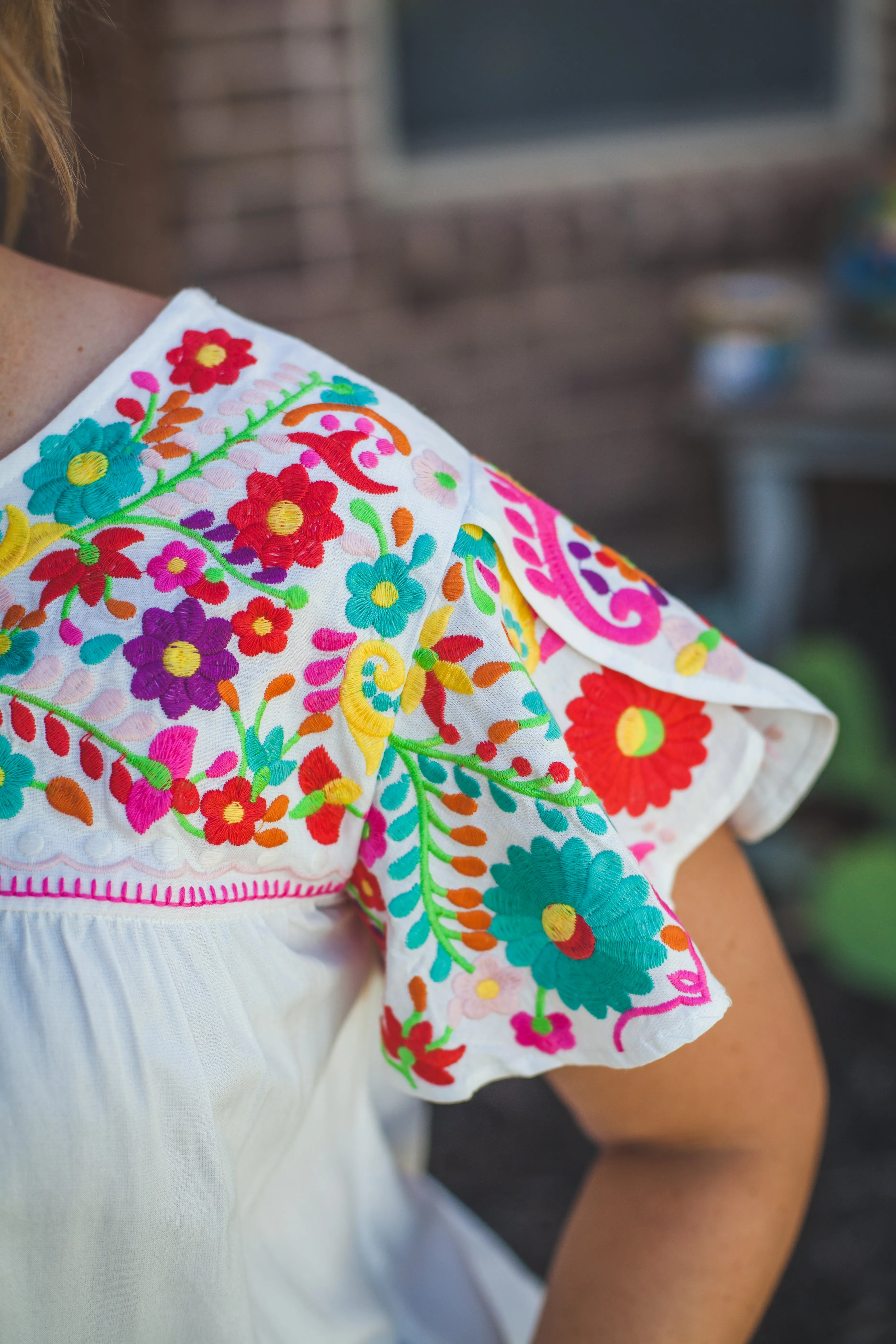 White Embroidered Flutter Sleeve Top