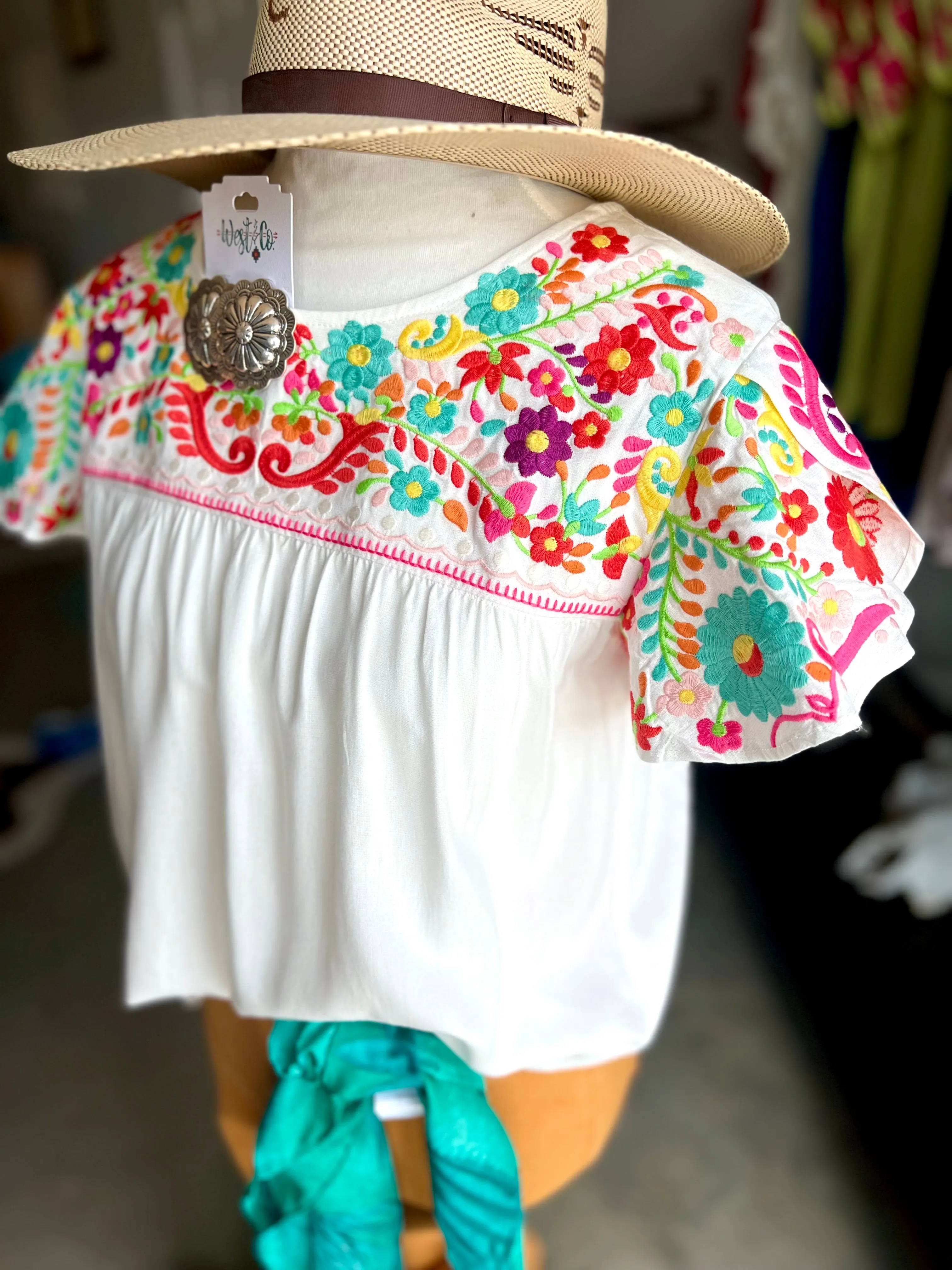 White Embroidered Flutter Sleeve Top