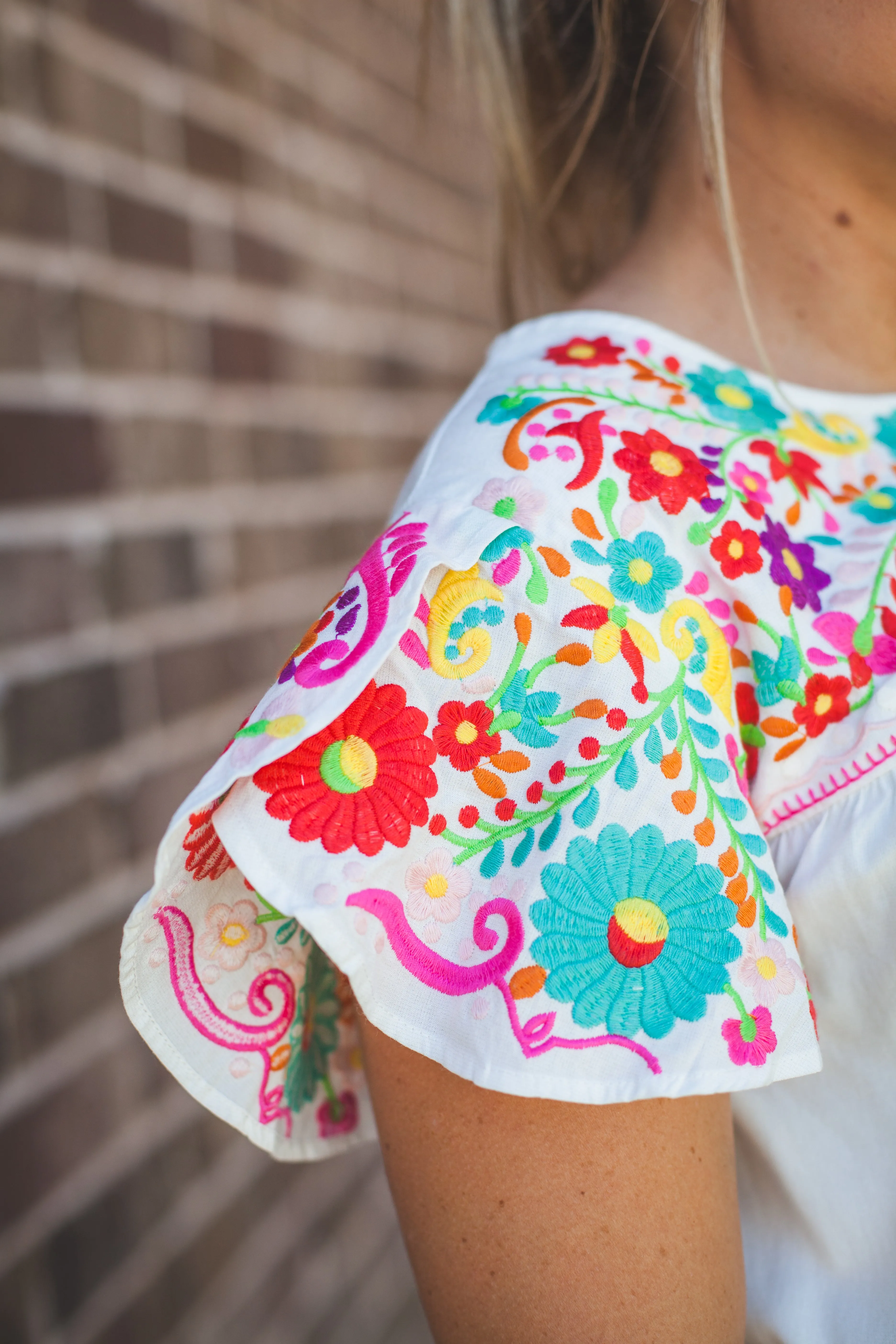 White Embroidered Flutter Sleeve Top