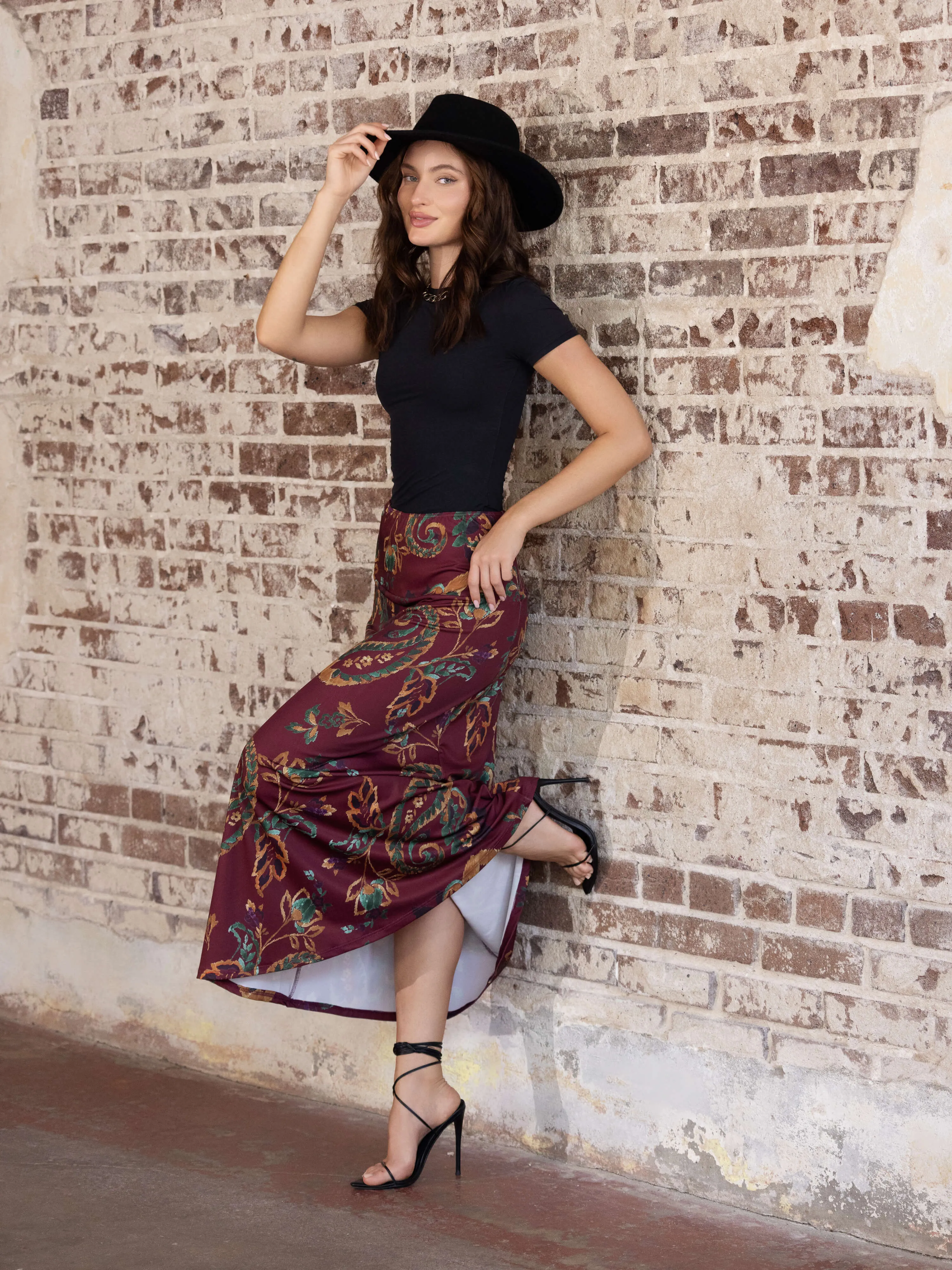 Wine Print Elastic Waist A Line Maxi Skirt