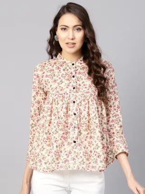 Women Beige & Pink Printed Shirt Style Top