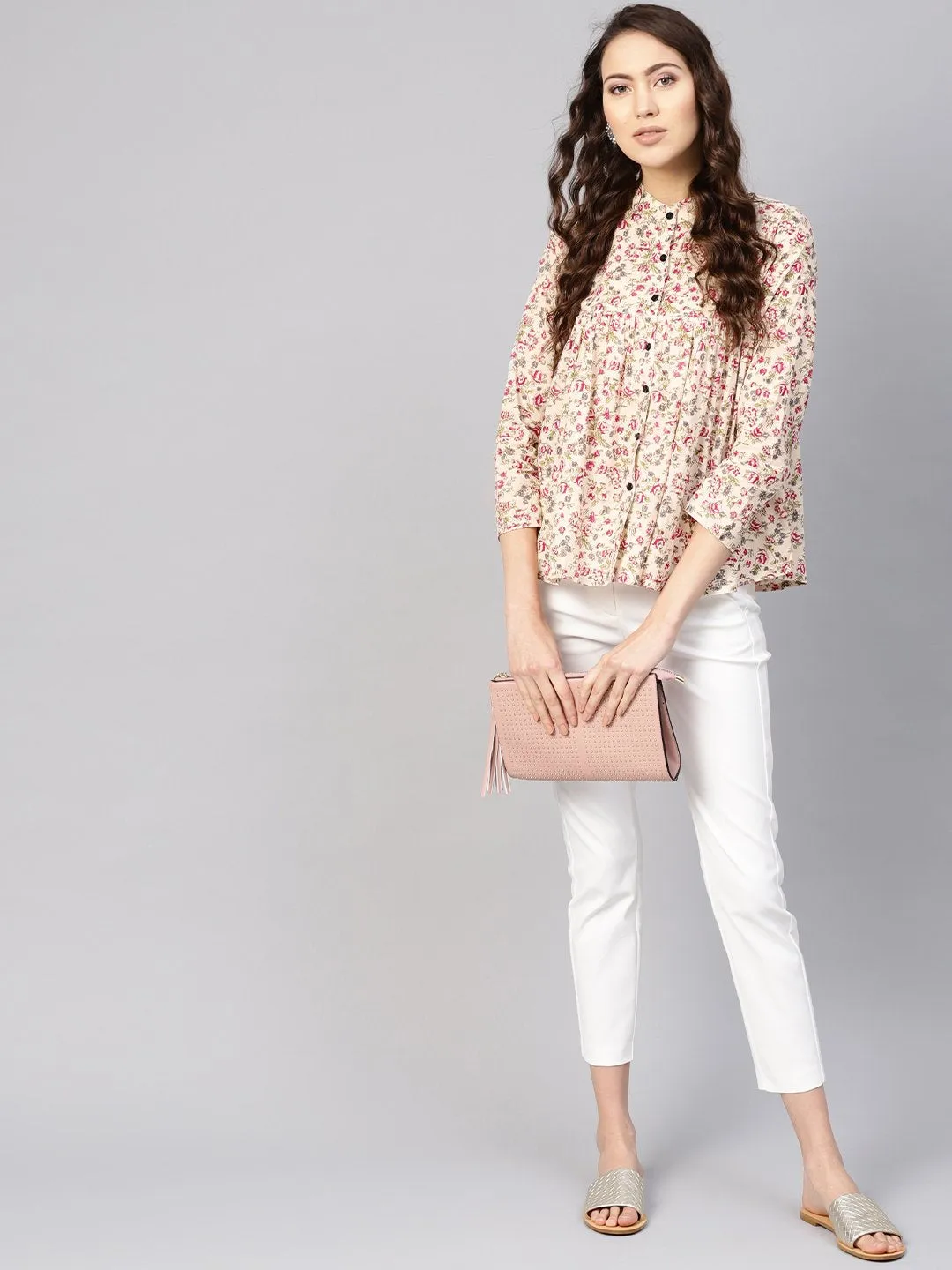 Women Beige & Pink Printed Shirt Style Top