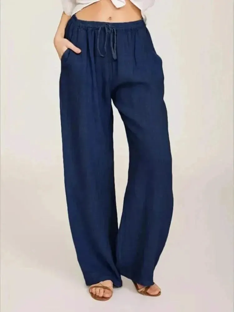 Women Cotton Linen Pants - Summer and Autumn High Waist Wide-Leg Trousers