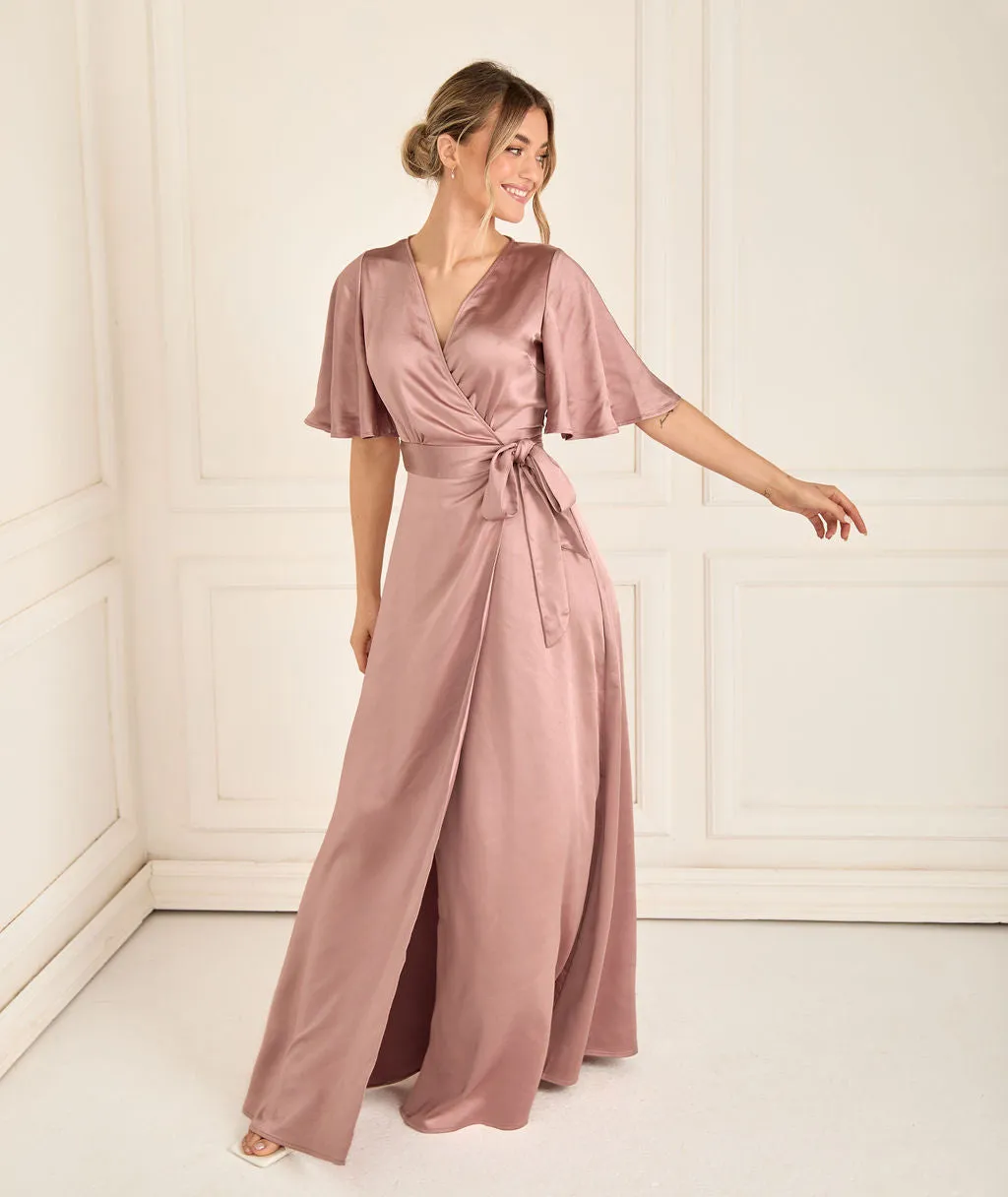 Wrap Tie Satin Bridesmaid Dress - Rose