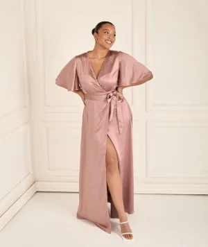 Wrap Tie Satin Bridesmaid Dress - Rose